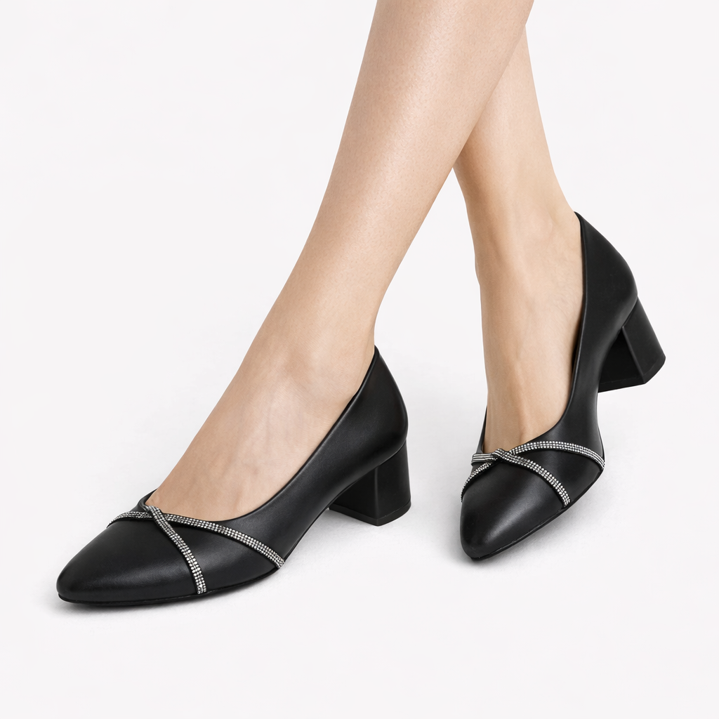 Nata Kadın Taşlı Siyah Deri 5 Cm Topuklu Ayakkabı