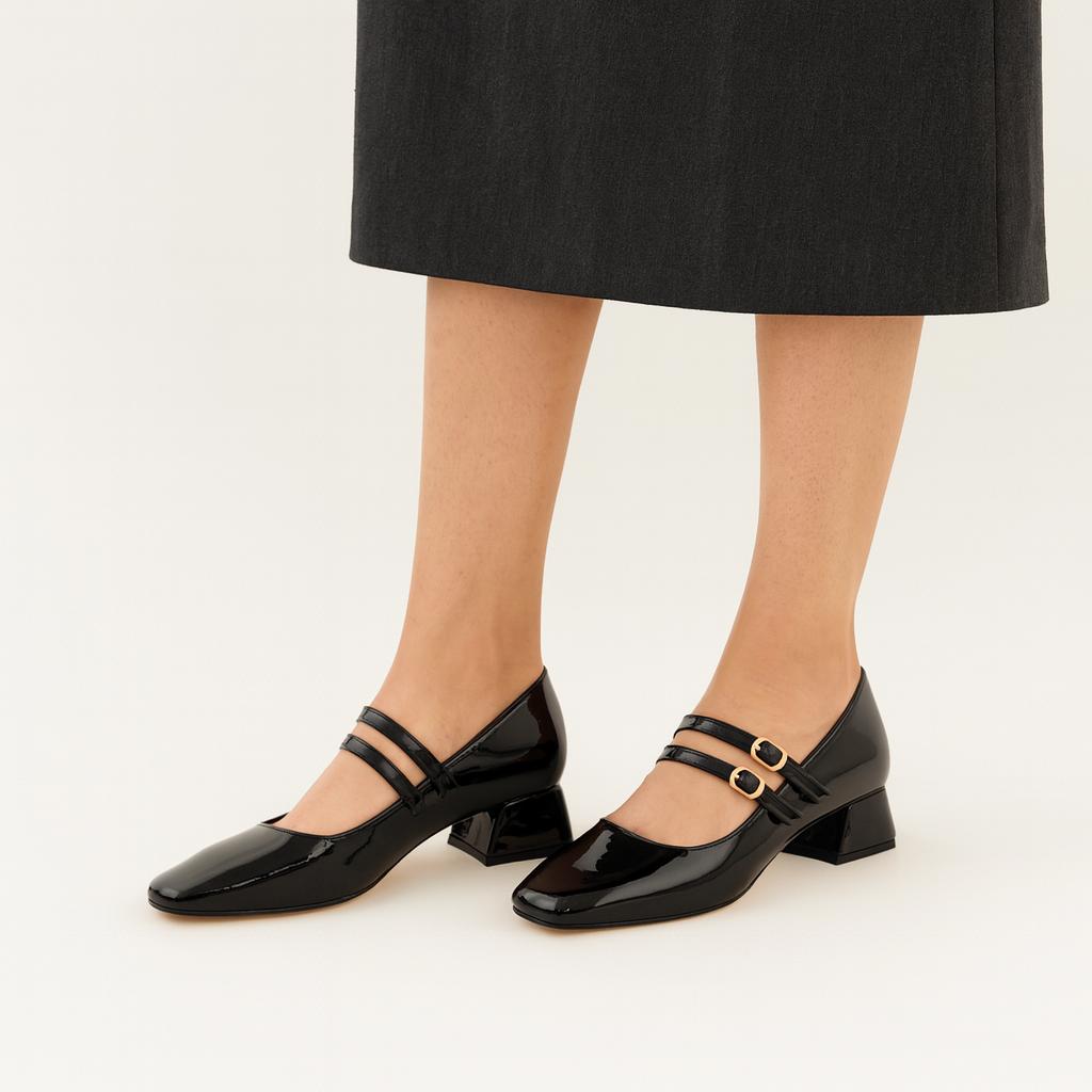 Lena Sky Kadın 3 cm Düşük topuklu Retro Rugan Siyah