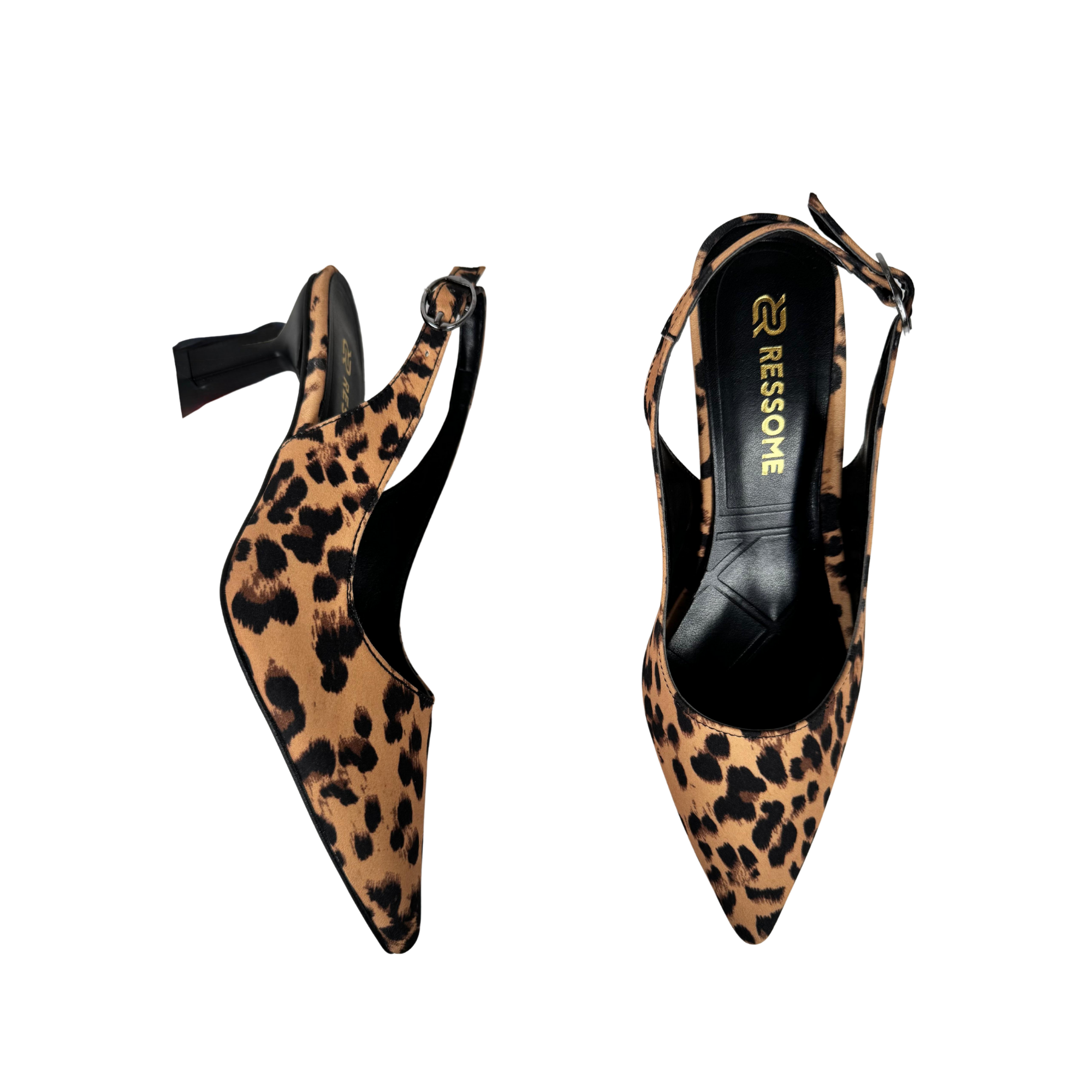 Verde Kadın Leopar Siyah Deri 7 Cm Şampanya Topuk Arkası Açık Stiletto