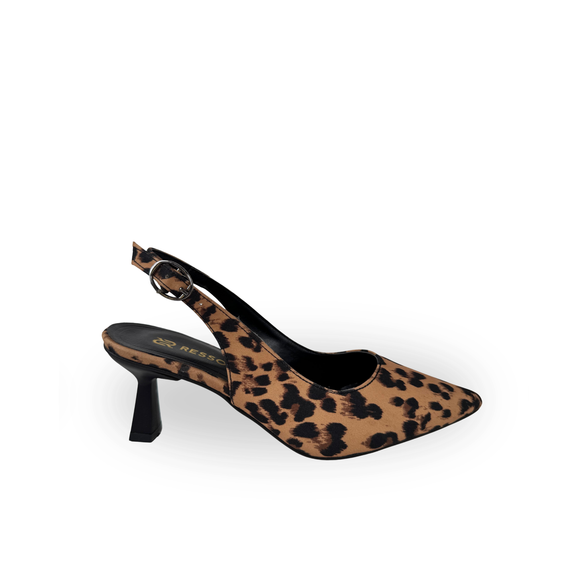 Verde Kadın Leopar Siyah Deri 7 Cm Şampanya Topuk Arkası Açık Stiletto