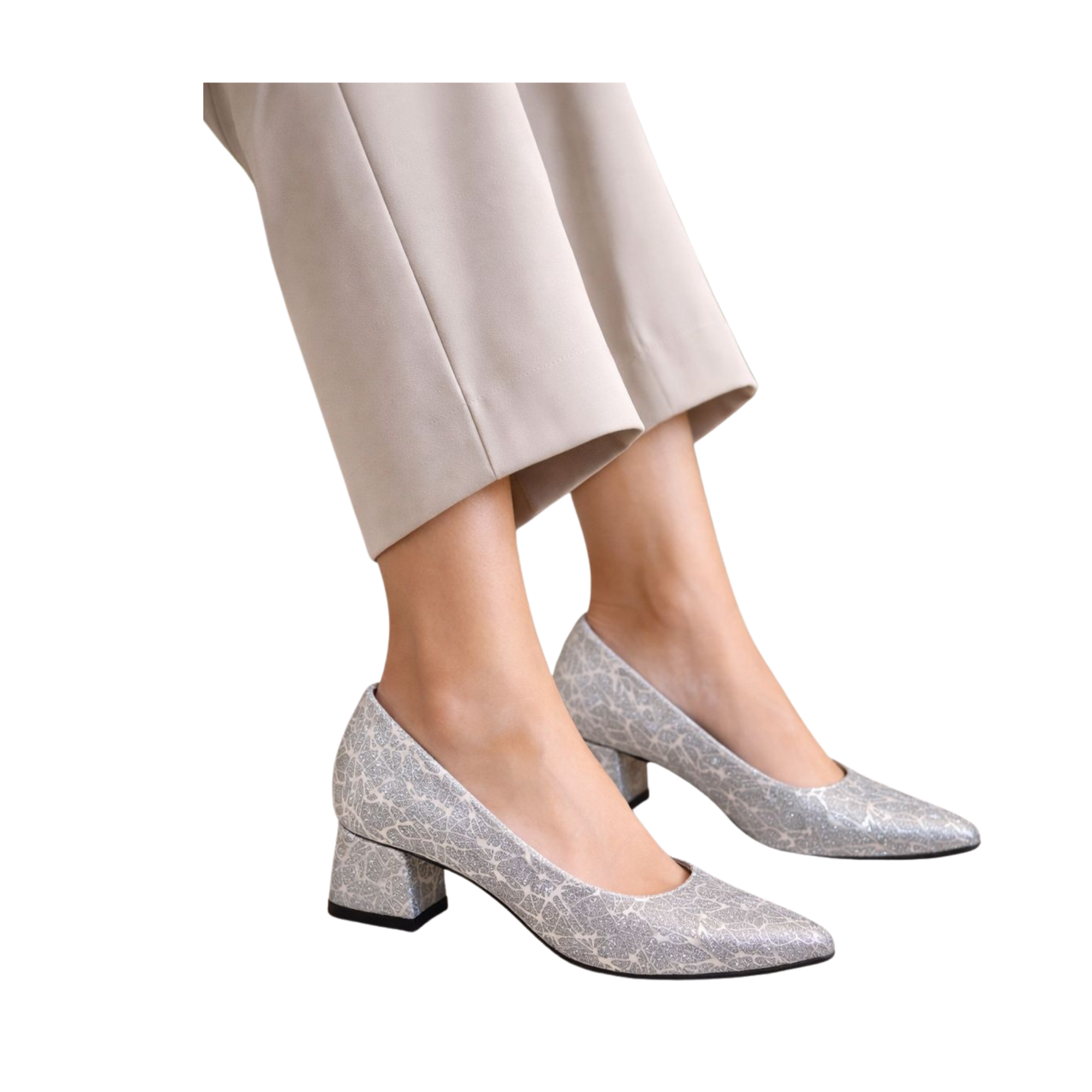 Şimal Kadın Simli 3 cm Kalın Topuklu Ayakkabı Gümüş