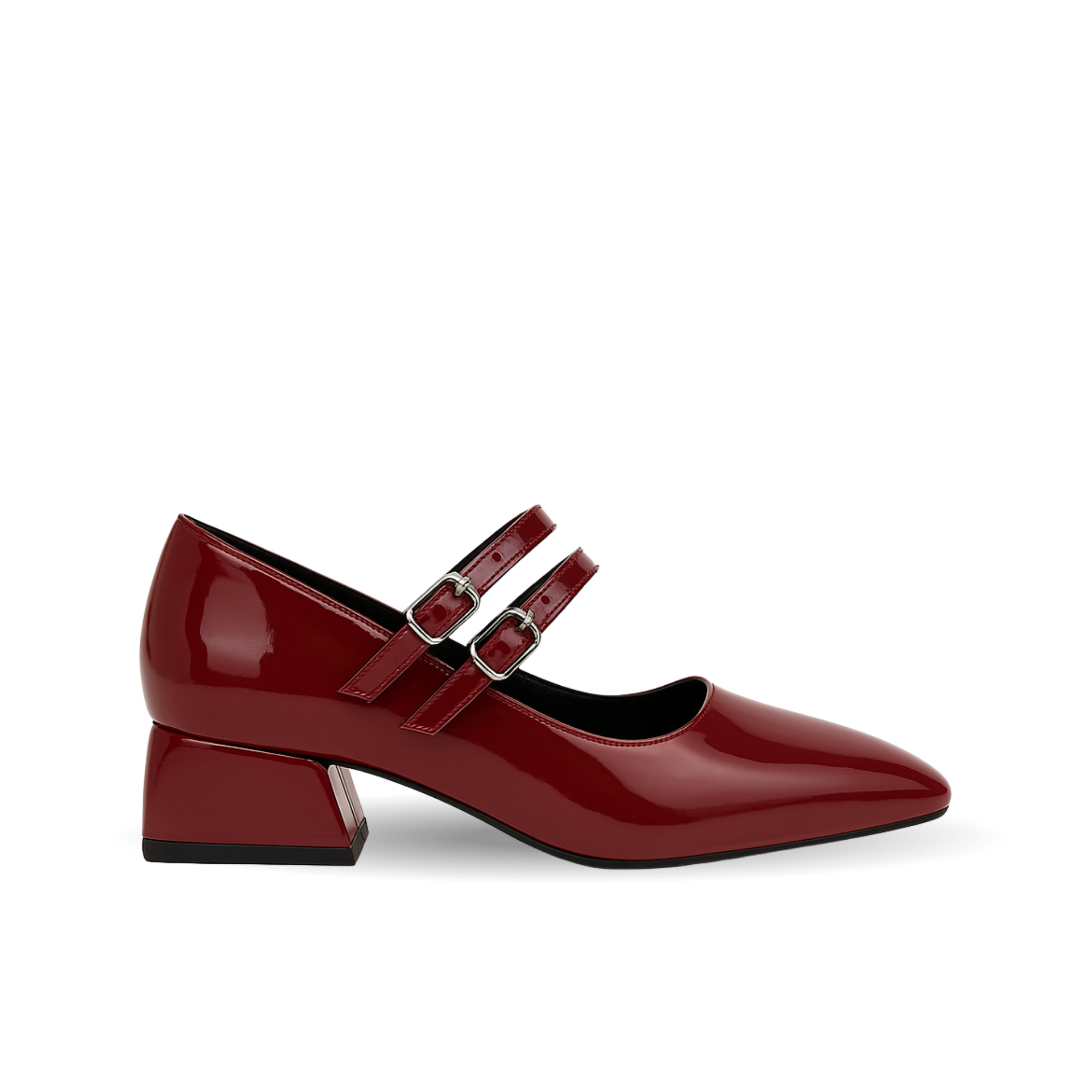Mary Jane Bordo Bilekten Bağlamalı Küt Burunlu Klasik Ayakkabı