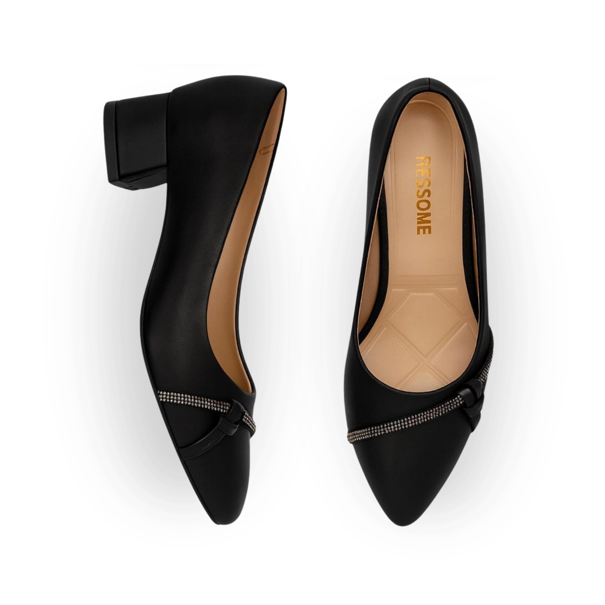 Roliya Siyah Yan Taşlı 3 Cm Topuklu Klasik Ayakkabı