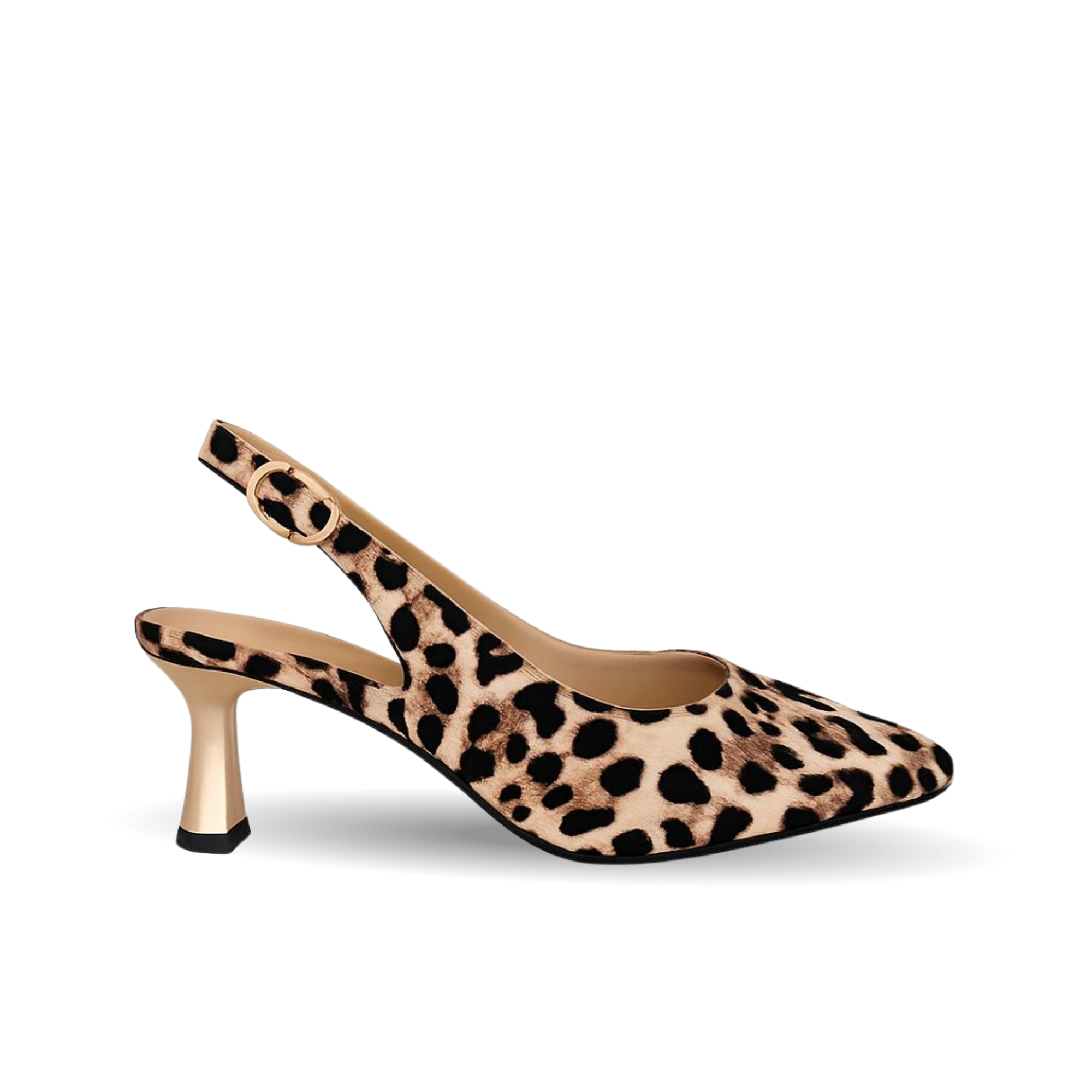 Verde Kadın Leopar Bej Deri 7 Cm Şampanya Topuk Arkası Açık Stiletto