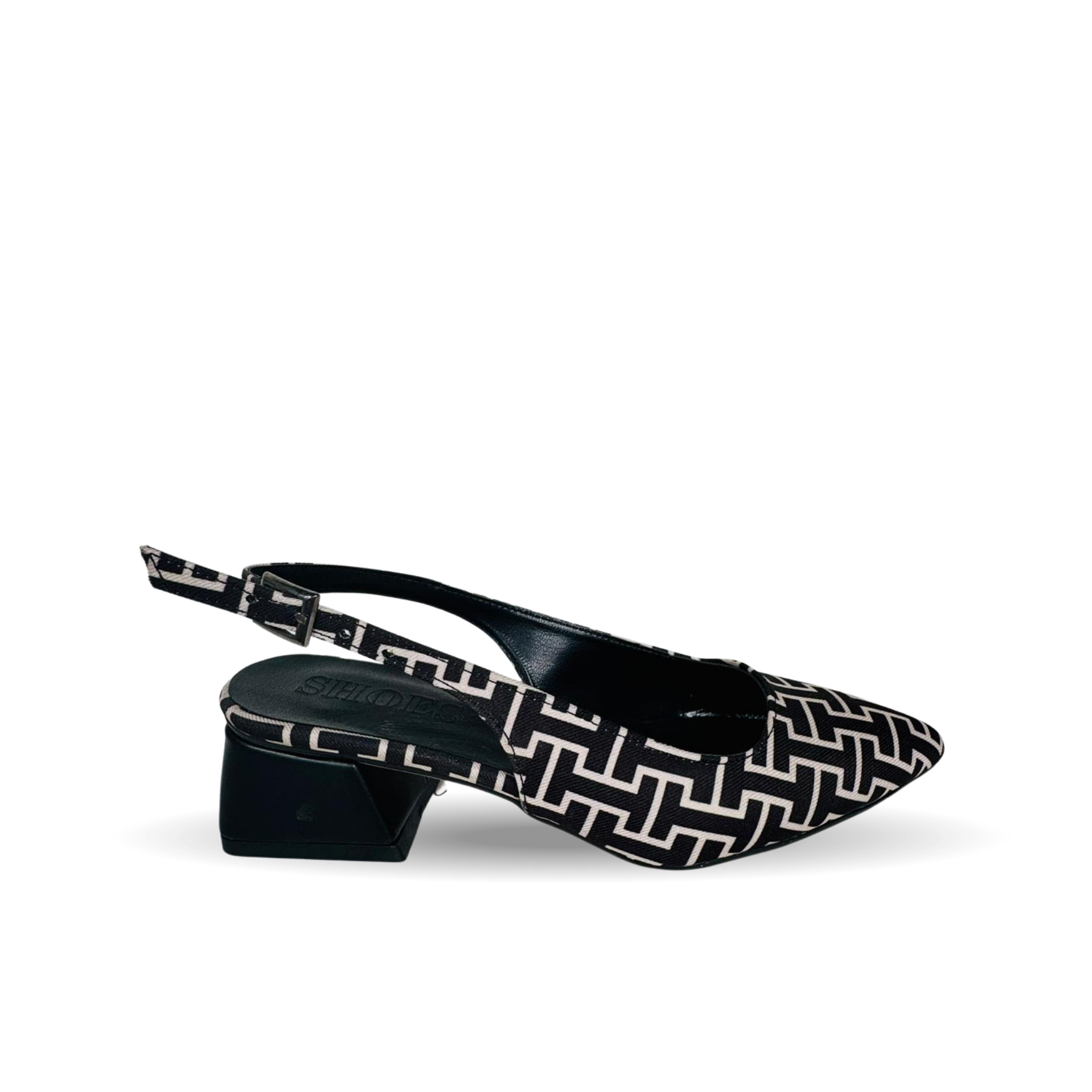 Verde Siyah-Bej Kadın Mini Topuk Desenli Arkası Açık Sivri Burunlu Babet