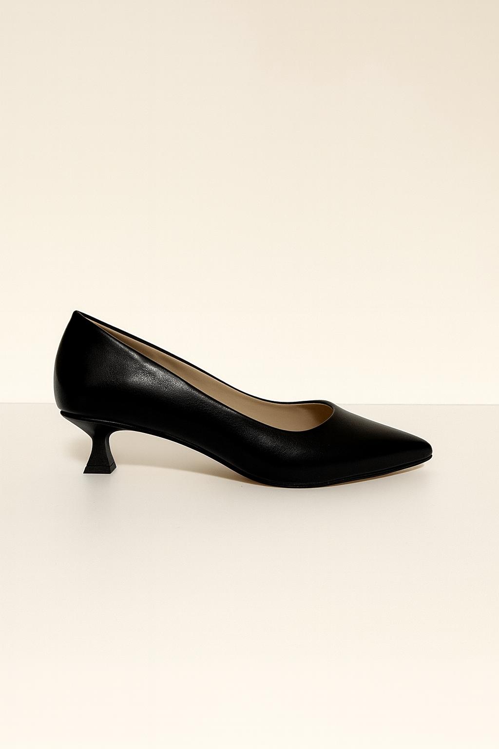 Panya Kadın Siyah Deri 3 Cm Şampanya Mini Topuklu Stiletto