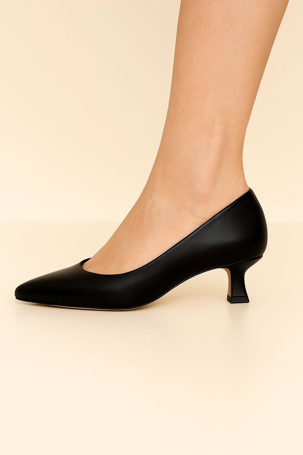 Panya Kadın Siyah Deri 3 Cm Şampanya Mini Topuklu Stiletto