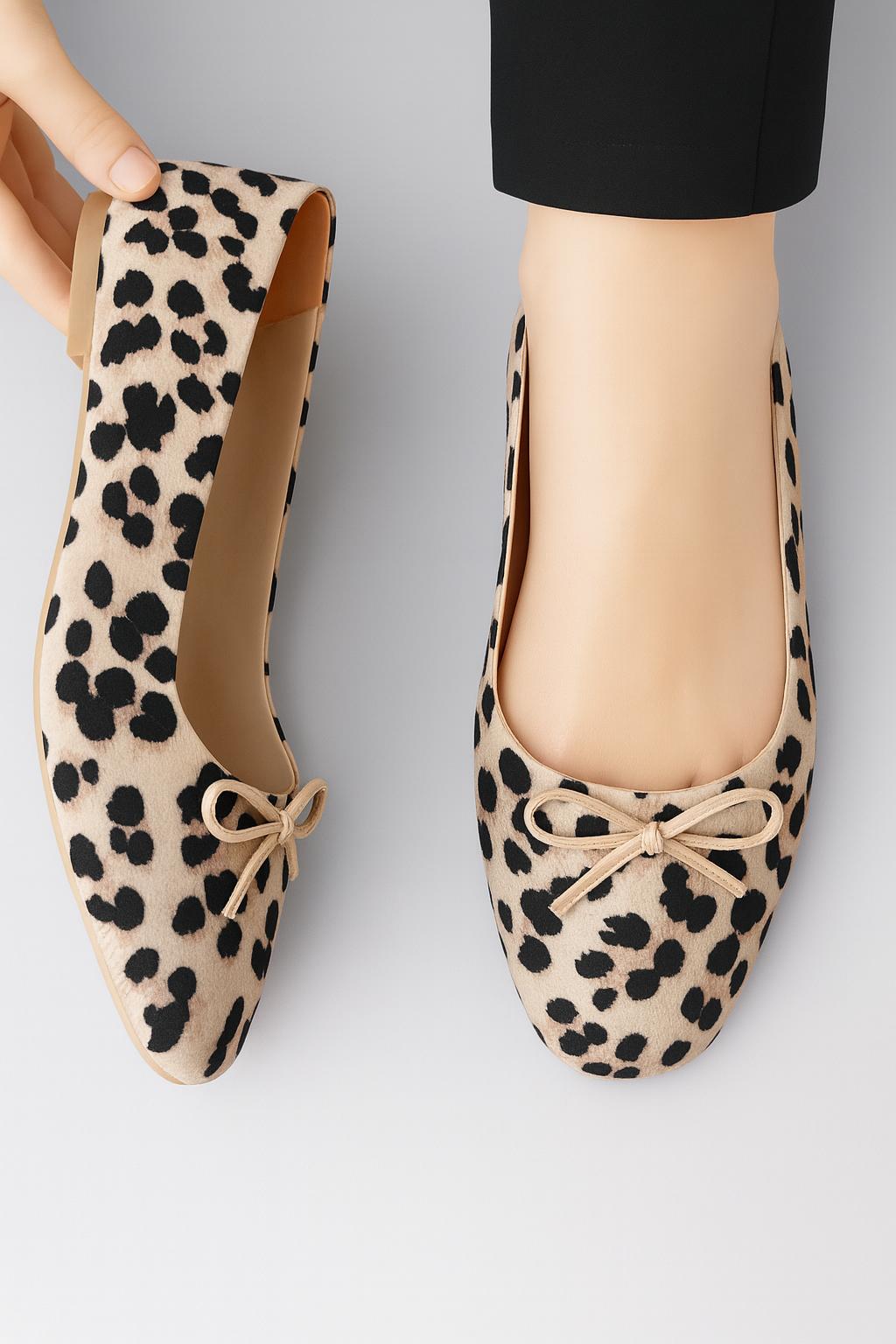 Kadın Gift Model Fiyonklu Leopar Desenli Babet Krem