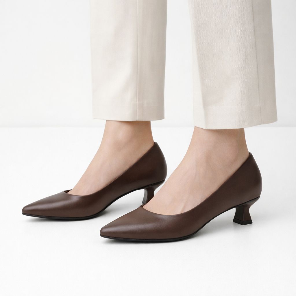 Panya3 Kadın Acı Kahve Deri 3 Cm Şampanya Mini Topuklu Stiletto