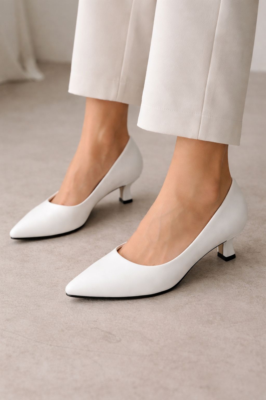 Panya3 Kadın Beyaz Deri 3 Cm Şampanya Mini Topuklu Stiletto