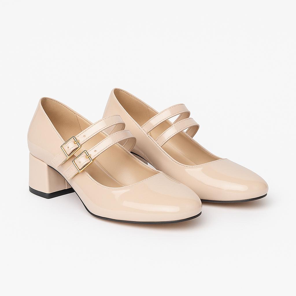 Mary Jane Bej Düşük Topuk Klasik Ayakkabı