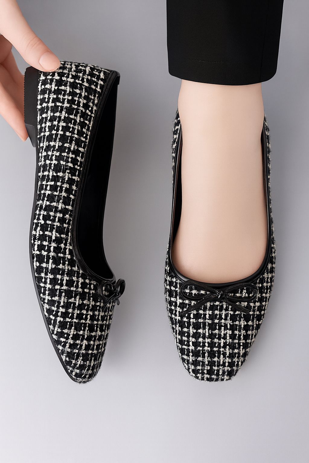 Kadın Gift Model Fiyonklu Ekose Desenli Kumaş Babet Siyah