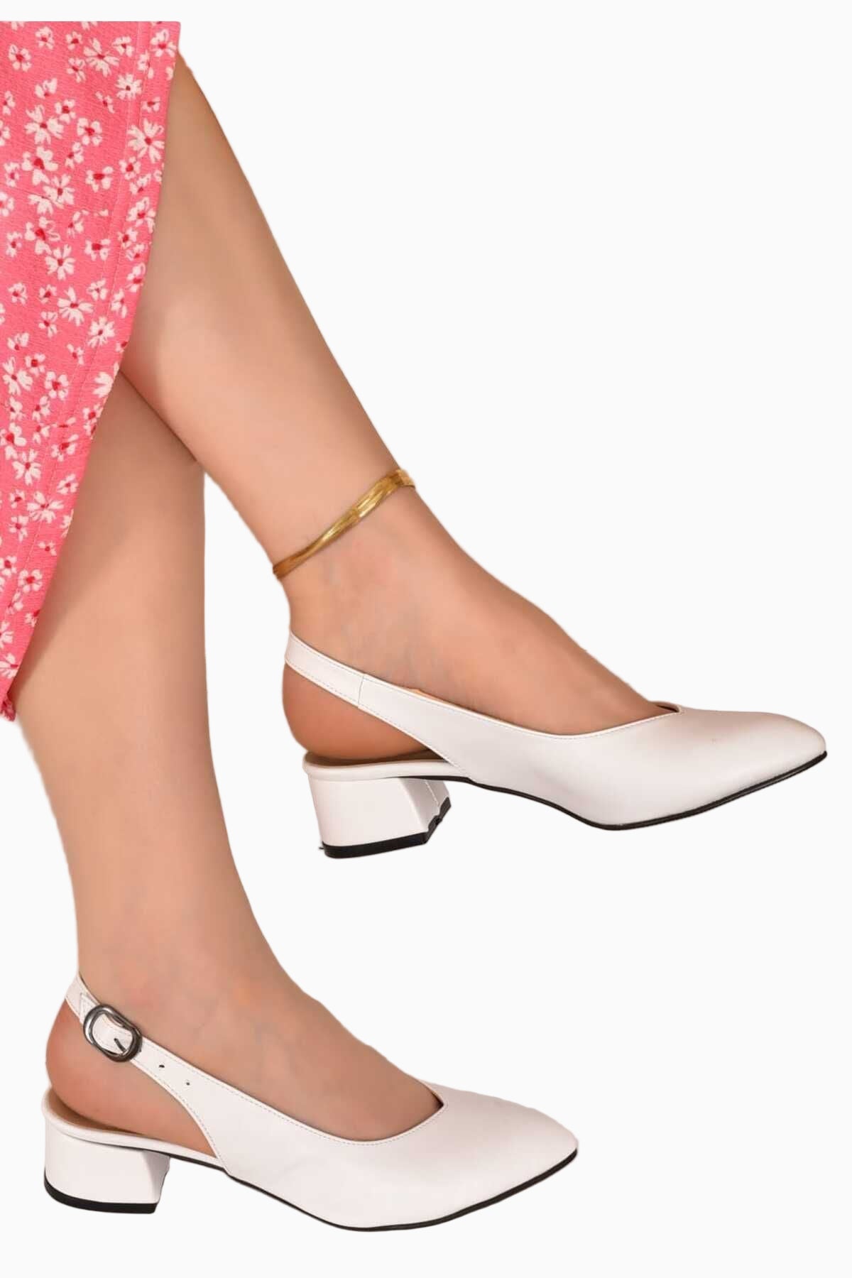 Verde Kadın Arkası Açık Beyaz Deri 3 Cm Topuklu Klasik Ayakkabı