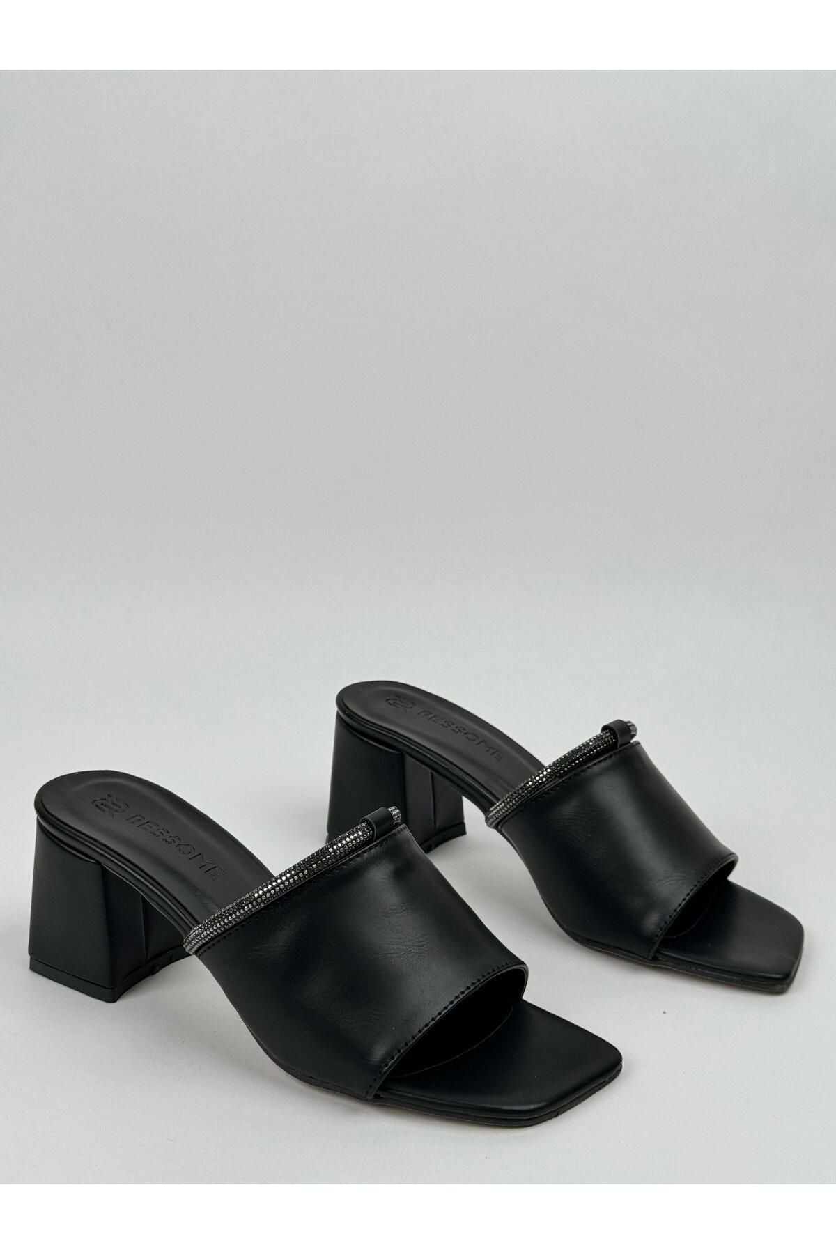 Luna Kadın Siyah Taş Detaylı Bantlı 5 Cm Topuklu Terlik