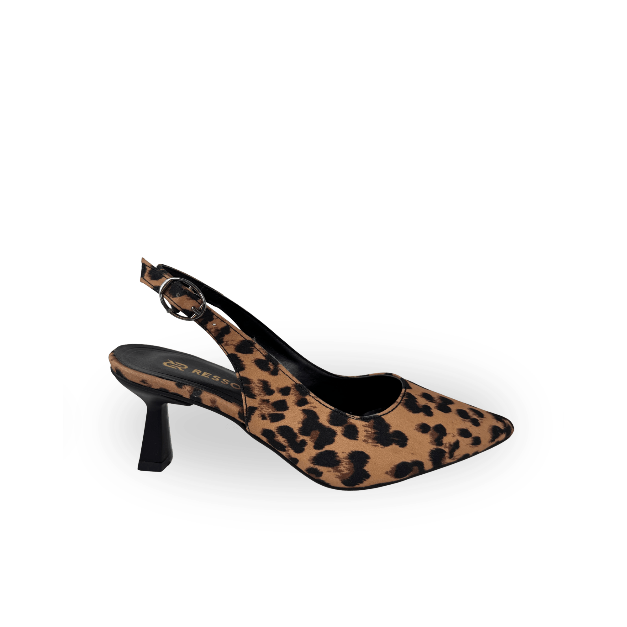 Verde Kadın Leopar Siyah Deri 7 Cm Şampanya Topuk Arkası Açık Stiletto - Ressome.com