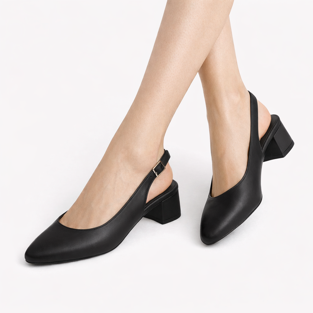 Verde Kadın Siyah Arkası Açık Deri 3 Cm Topuklu Rahat Klasik Ayakkabı