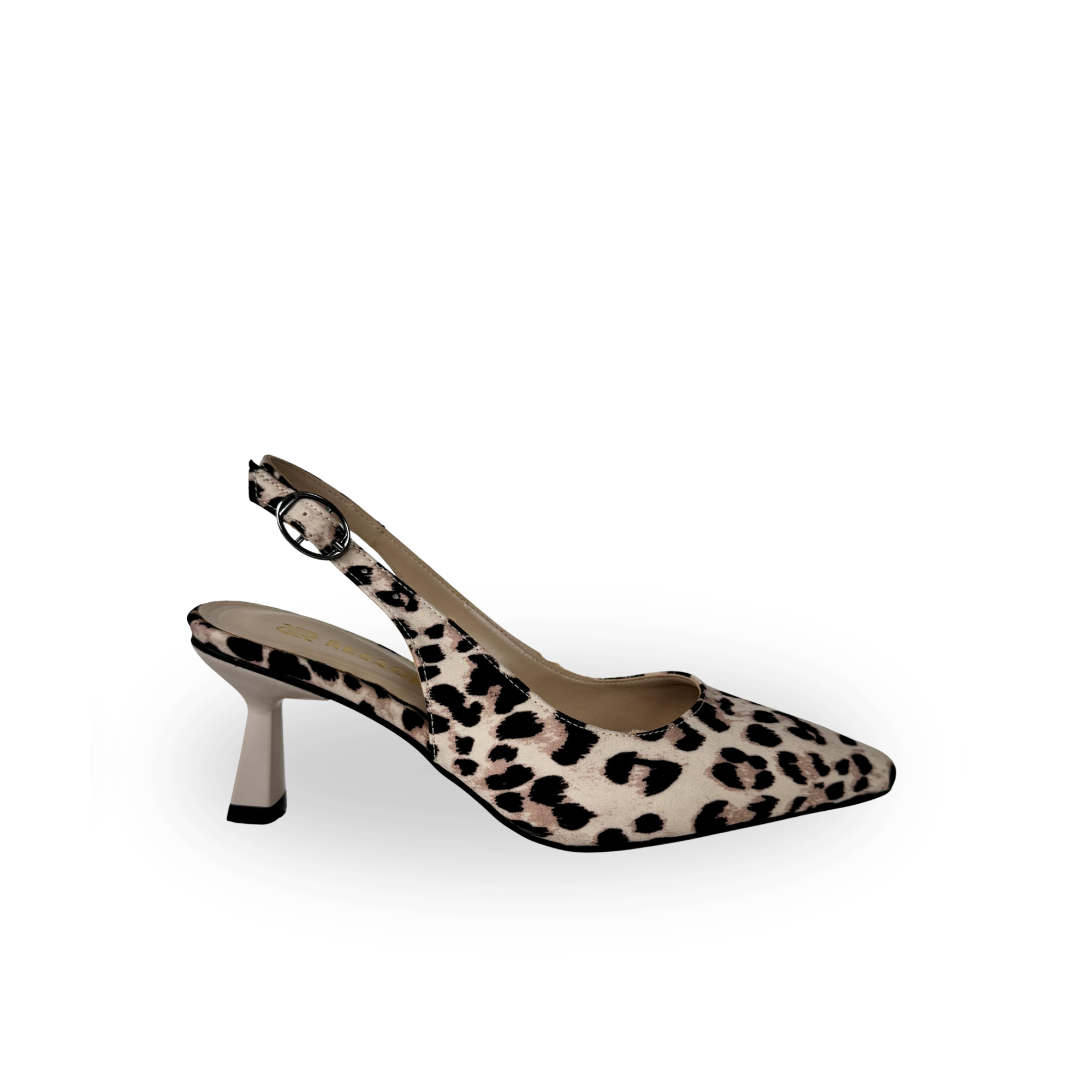 Verde Kadın Leopar Bej Deri 7 Cm Şampanya Topuk Arkası Açık Stiletto