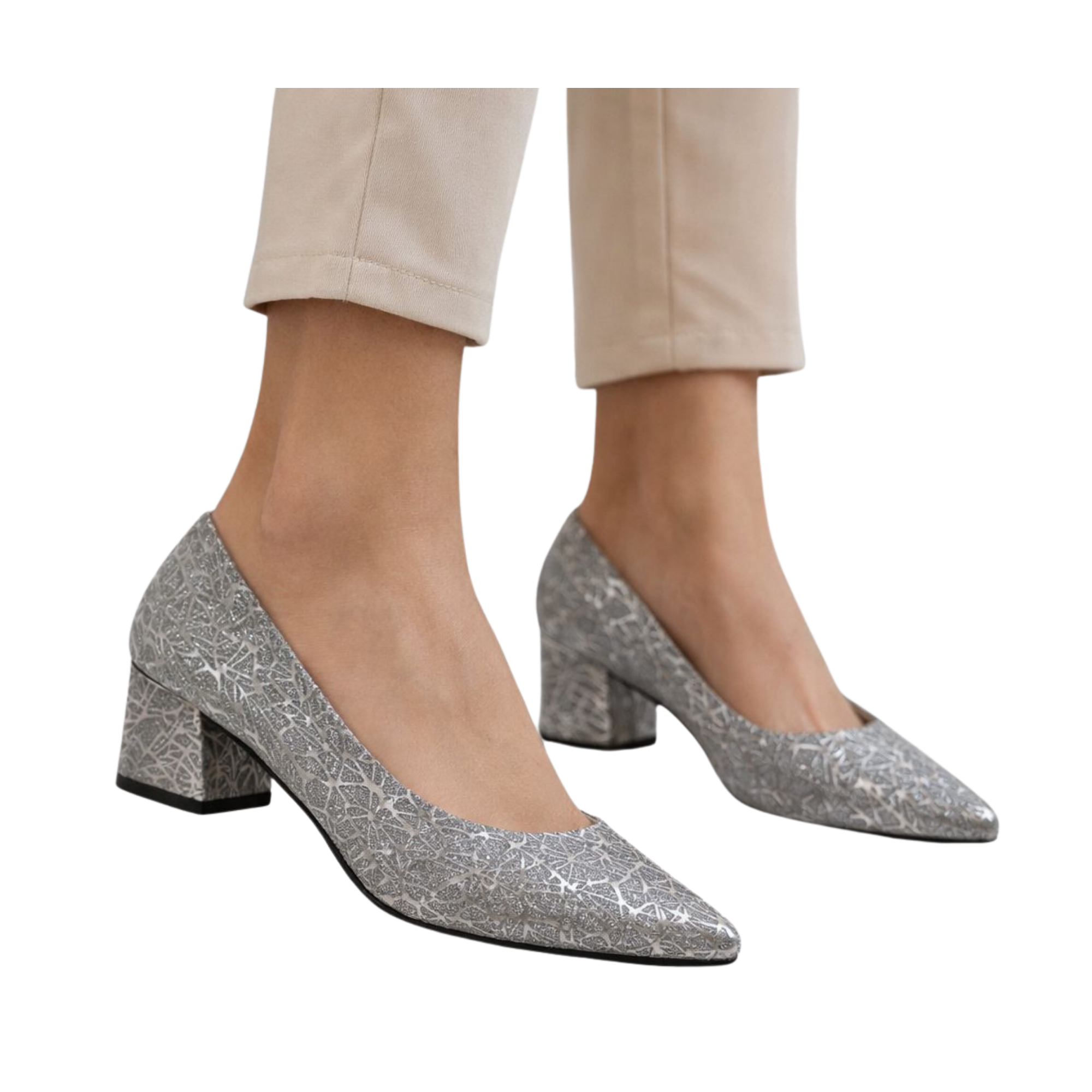 Şimal Kadın Simli 3 cm Kalın Topuklu Ayakkabı Platin