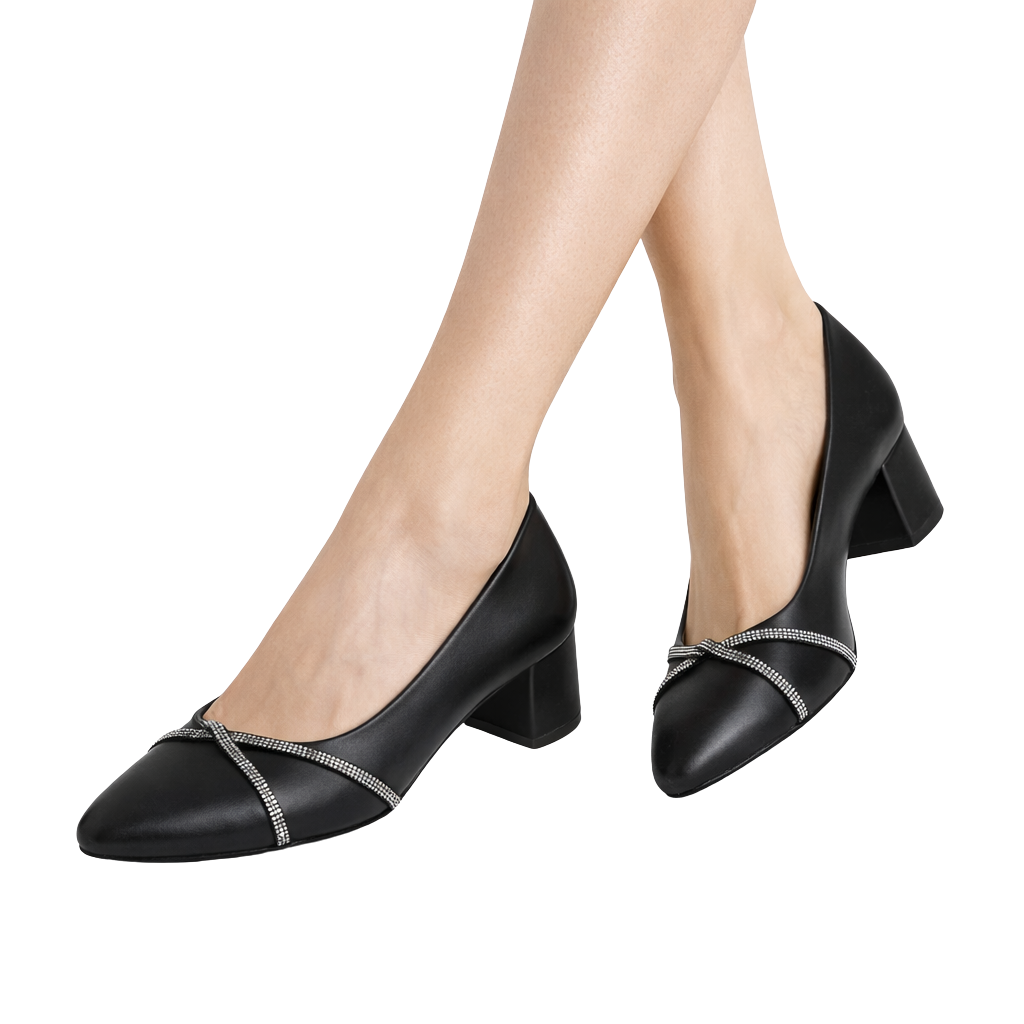 Nata Kadın Taşlı Siyah Deri 5 Cm Topuklu Ayakkabı