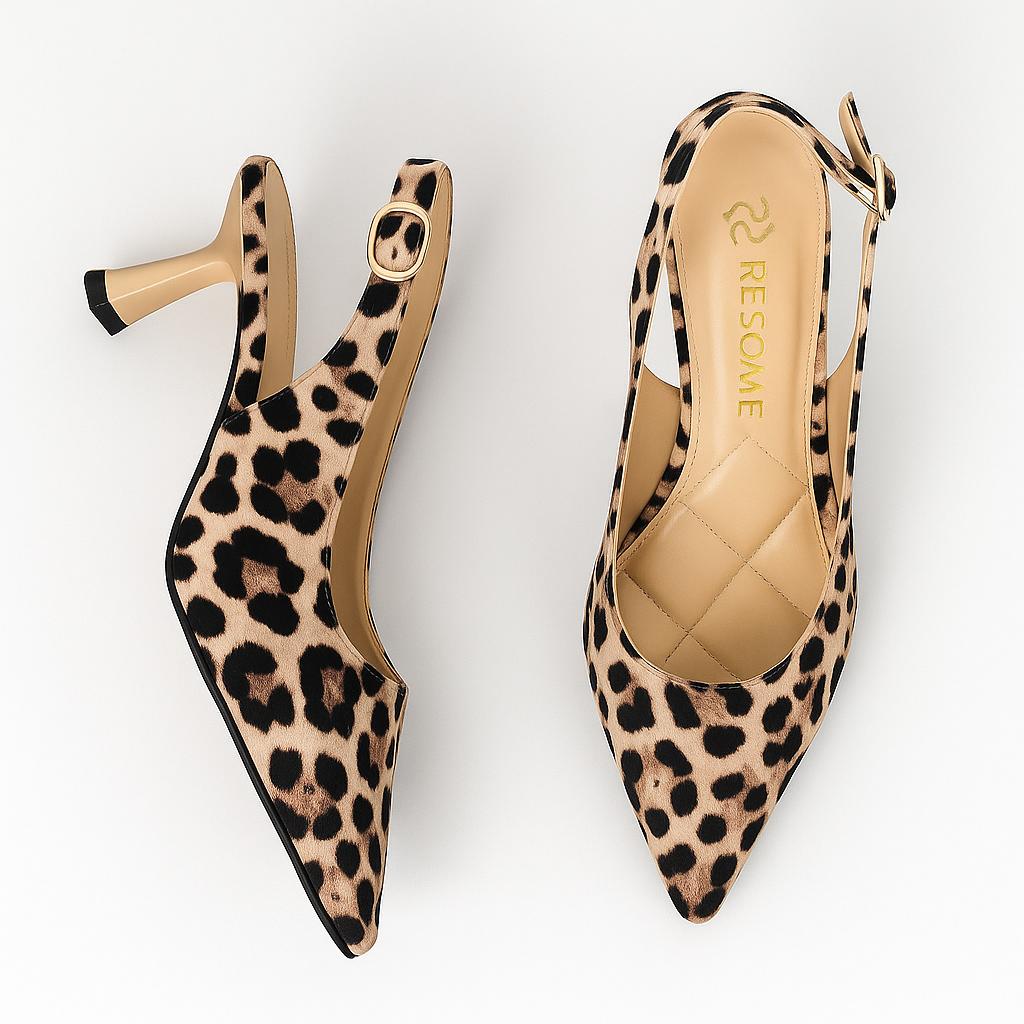 Verde Kadın Leopar Bej Deri 7 Cm Şampanya Topuk Arkası Açık Stiletto