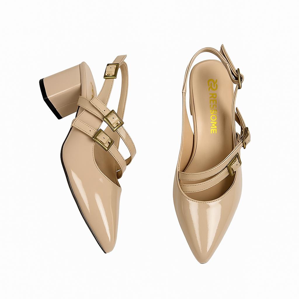 Lady Model Bej Bantlı Ayarlanabilir Kemerli Topuklu Ayakkabı