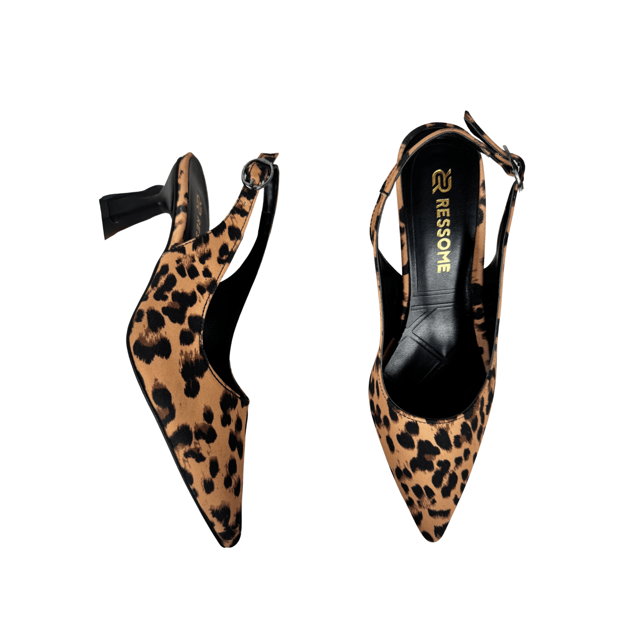 Verde Kadın Leopar Siyah Deri 7 Cm Şampanya Topuk Arkası Açık Stiletto - Ressome.com