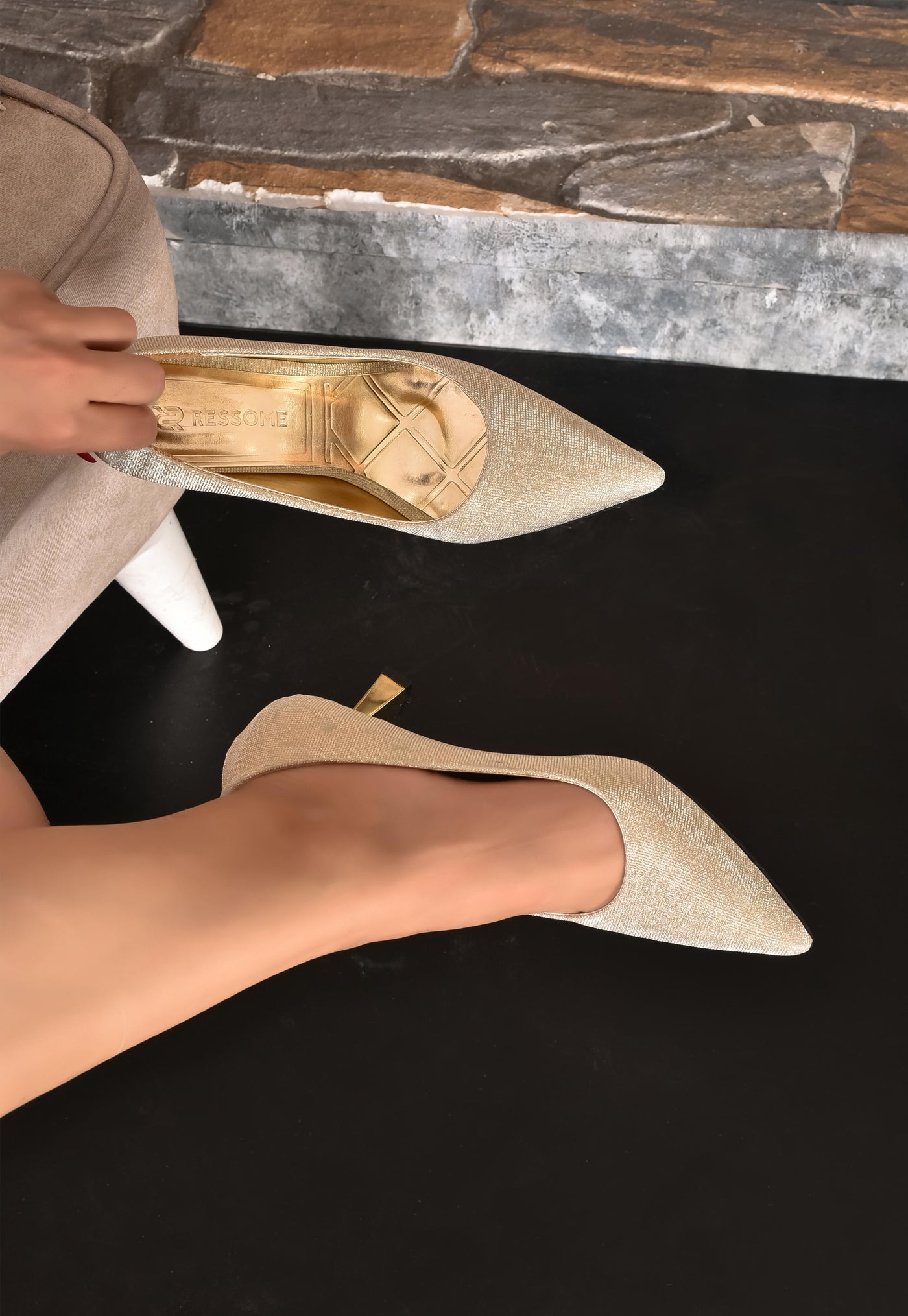 Panya Kadın Simli Gold 7 Cm Şampanya Topuklu Stiletto
