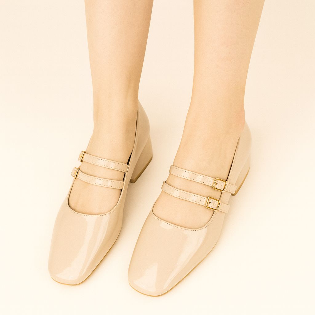 Lena Sky Kadın 3 cm Düşük topuklu Retro Rugan Bej